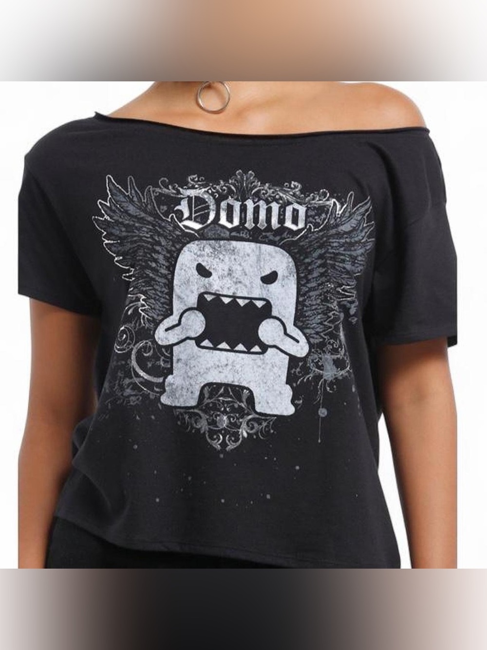 Domo Graphic Off-Shoulder Black Tee